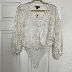 Express White Lace Wrap Bodysuit with 3/4 Sleeves